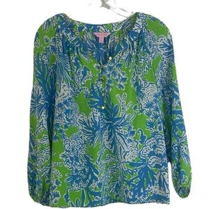 Lilly Pulitzer Elsa Top Biggest Fan Blue Green 100% Silk Seahorse Coral XS READ